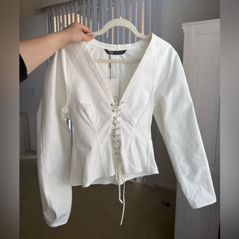 Zara White Lace-Up Blouse, New with Tags